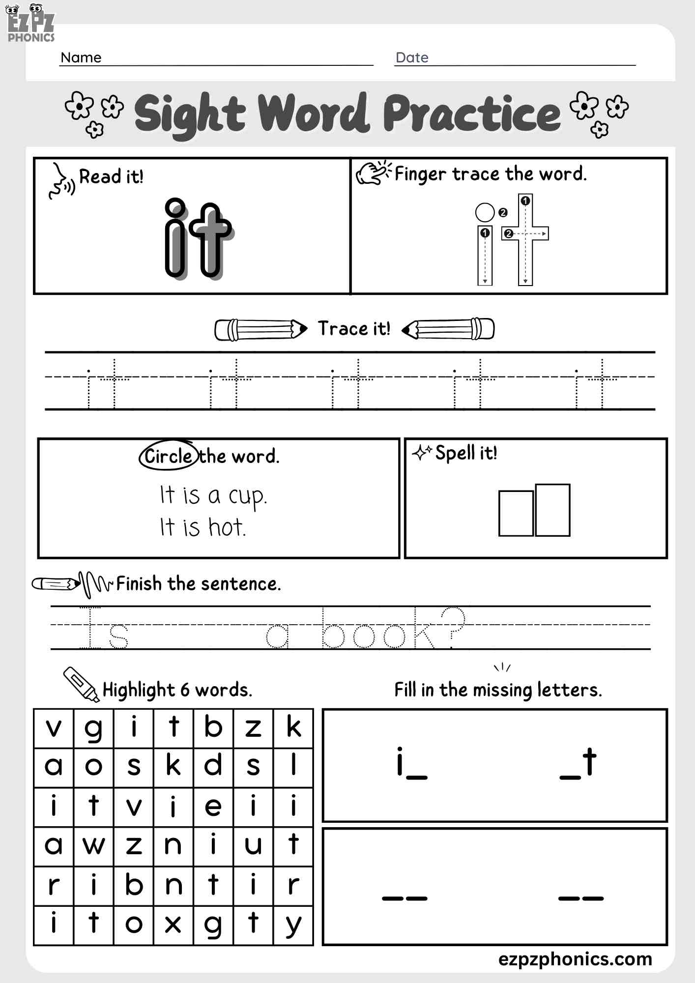 The Word "It" Dolch Sight Word Worksheet Activity for Pre-Kindergarten and Kindergarten Students PDF Download